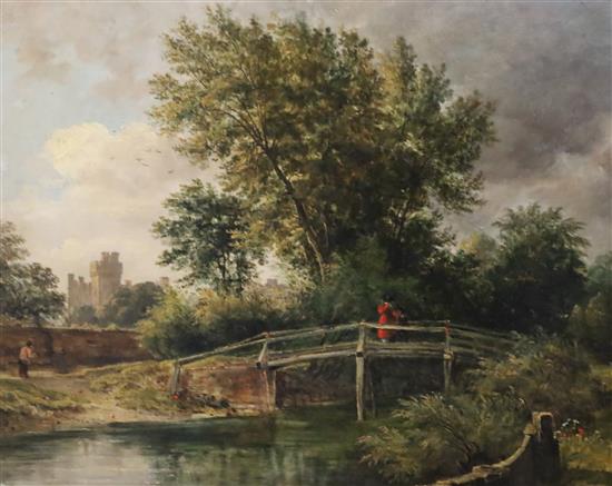 Norwich School Figures on a wooden bridge in a landscape, a castle beyond 14 x 17.25in.
